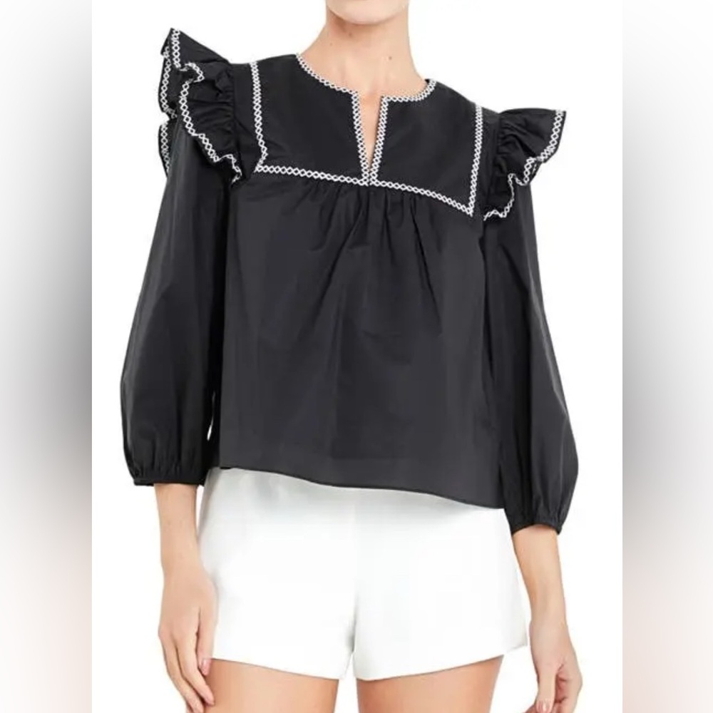 English Factory Black Blouse with Ruffle Details